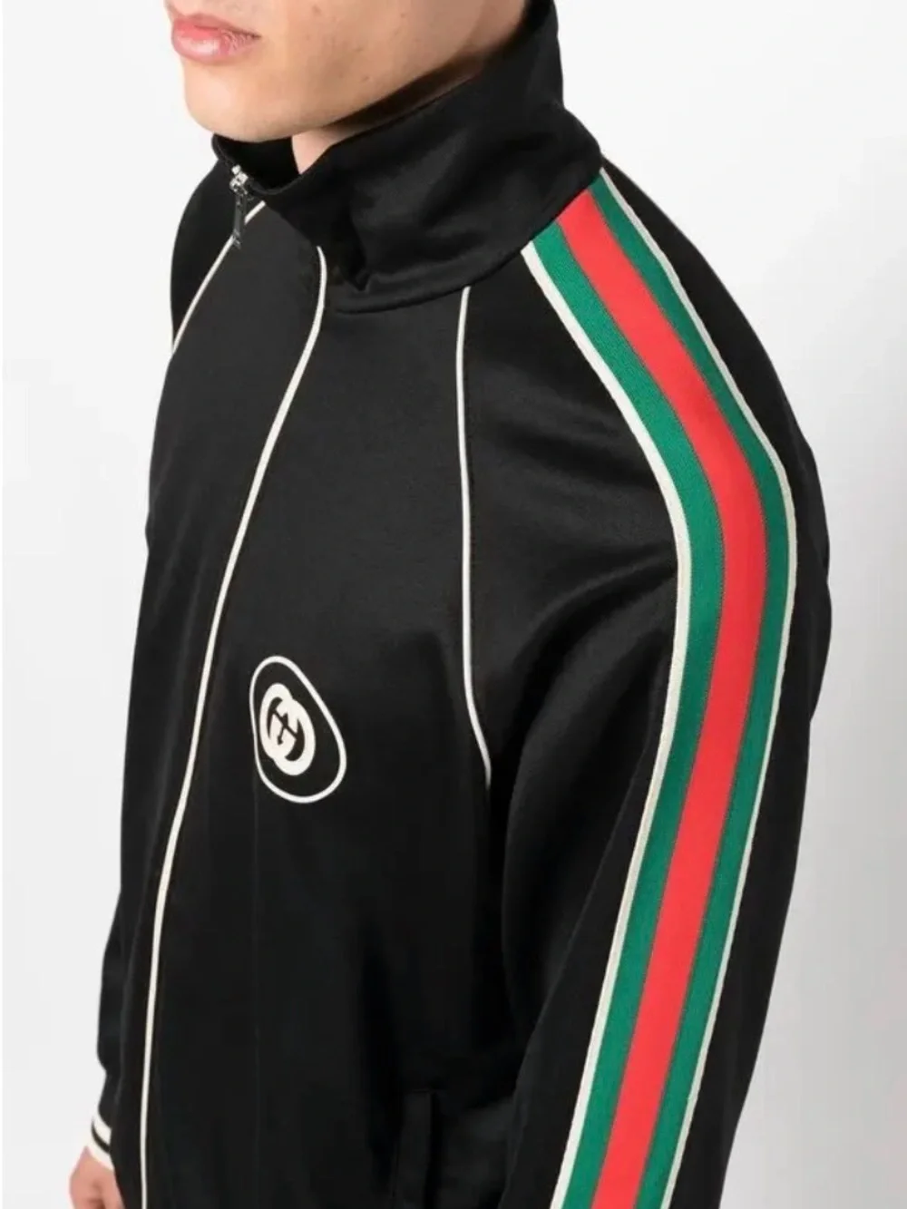 Gucci Black Track Jacket with Green and Red Stripe